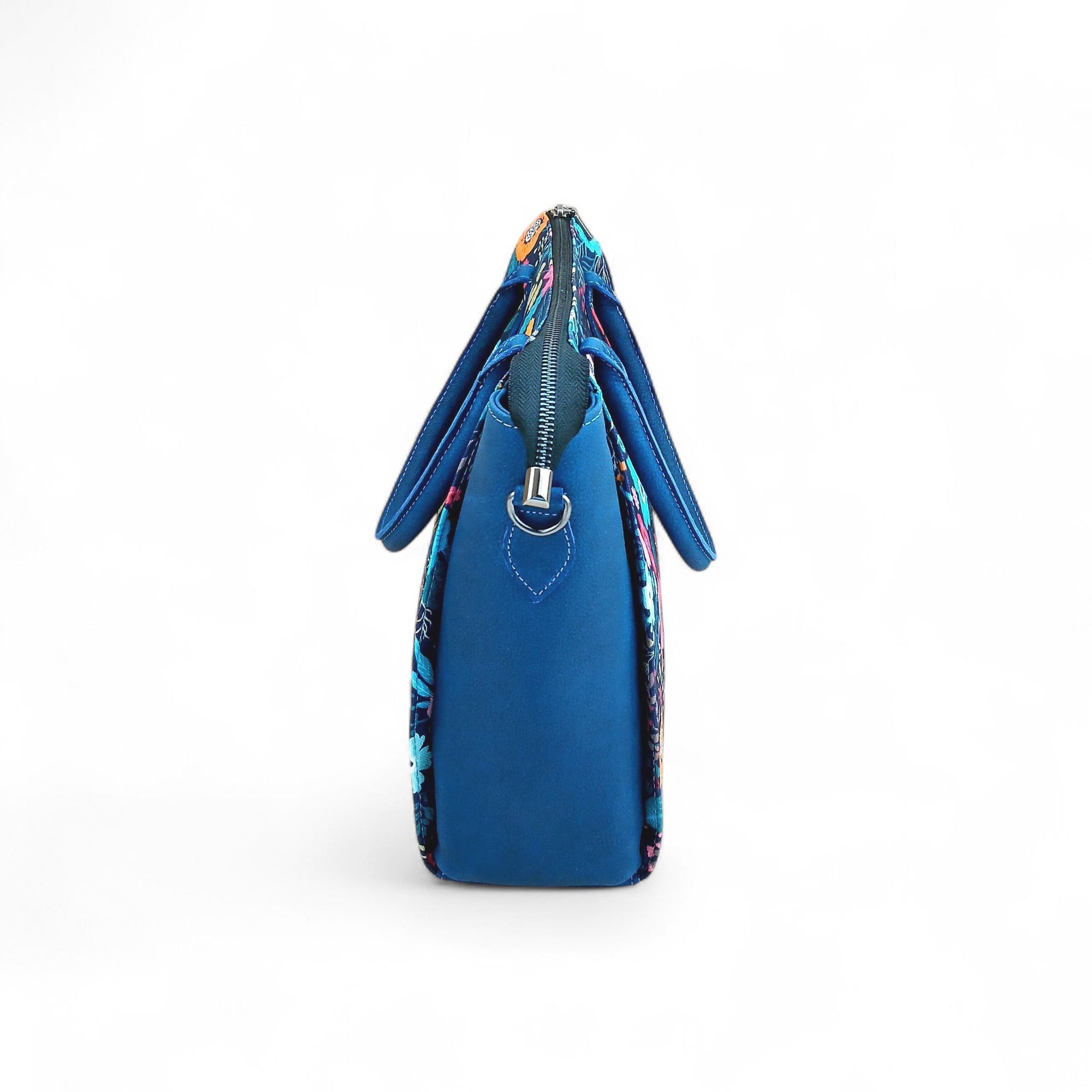Navy Floral Canvas & Leather Tote Bag – Full-Grain Cowhide Handbag
