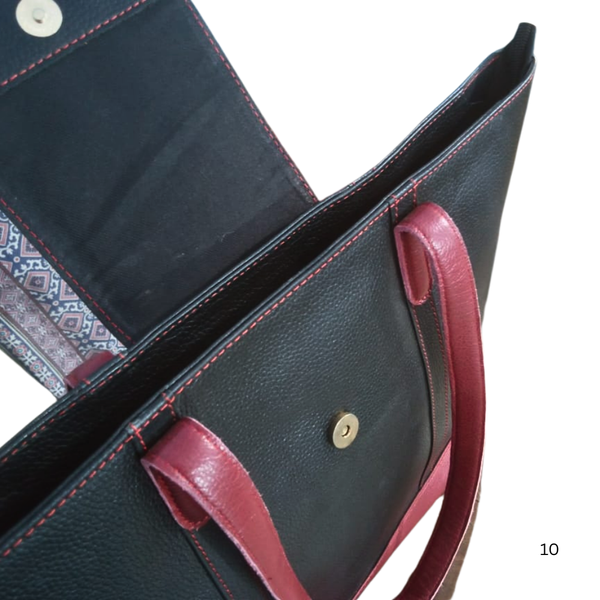 Black & Maroon Leather Tote Bag for Women