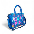 Floral Canvas & Leather Tote Bag - Navy Blue