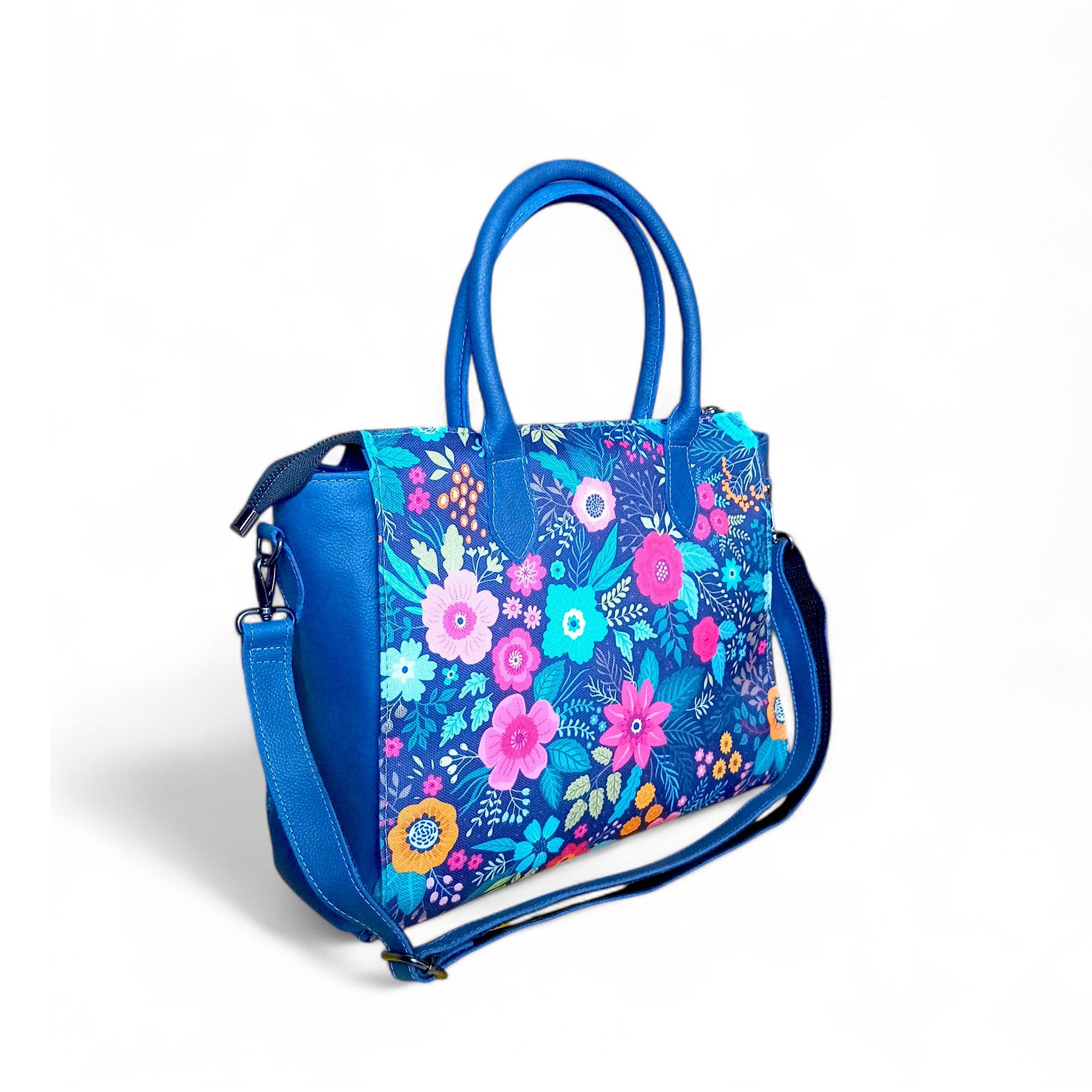 Floral Canvas & Leather Tote Bag - Navy Blue