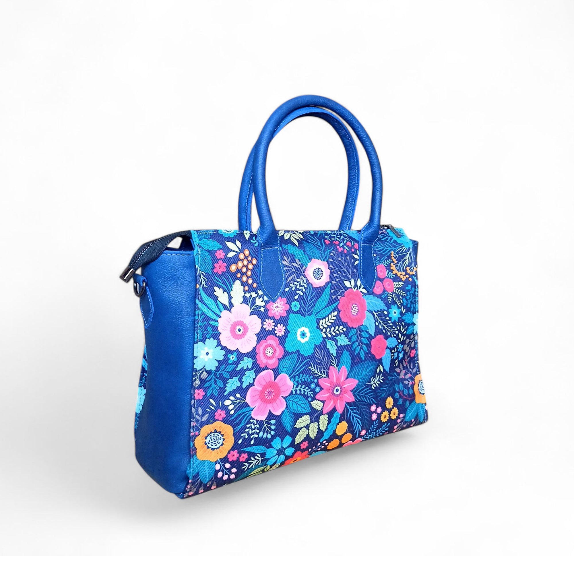 Floral Canvas & Leather Tote Bag - Navy Blue