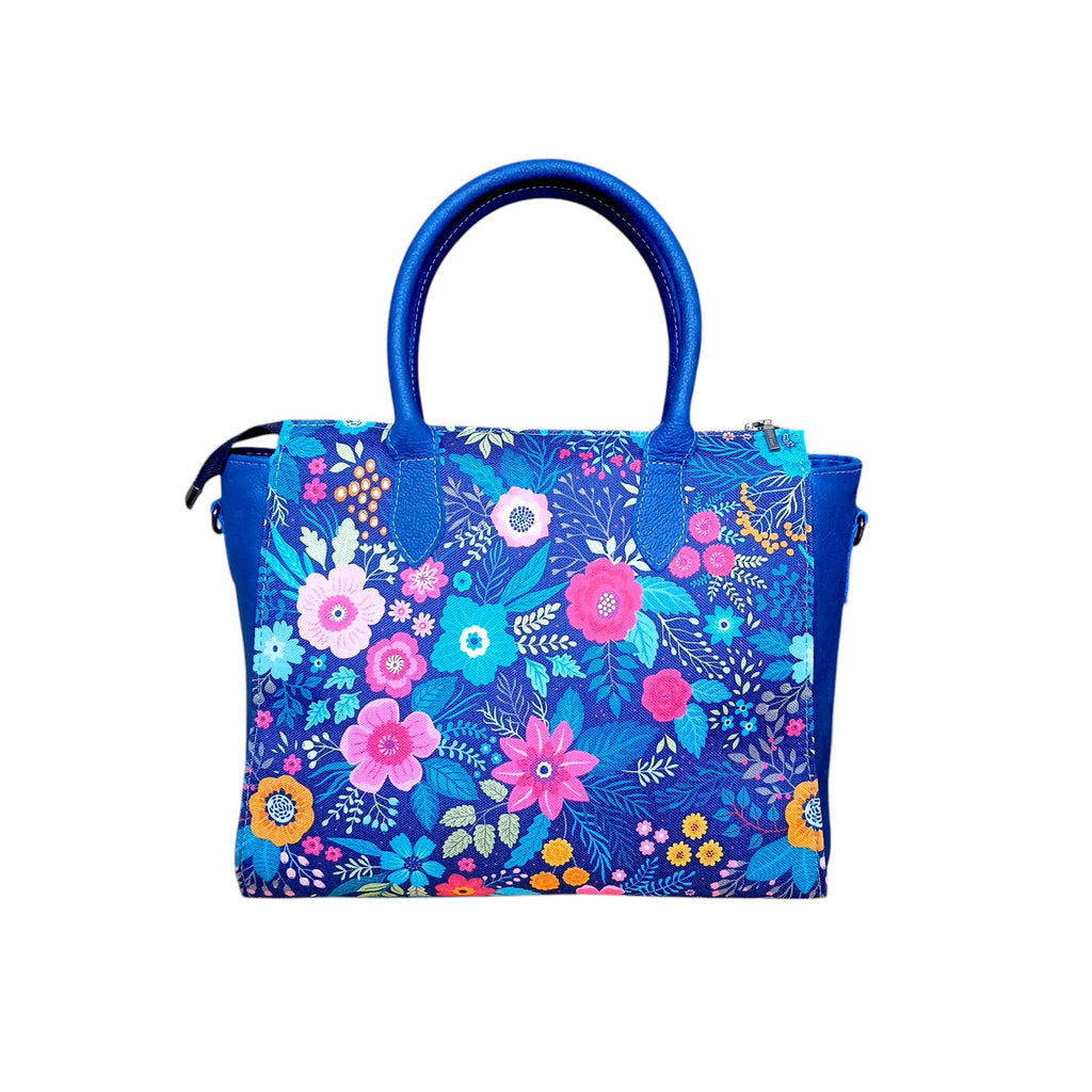 Floral Canvas & Leather Tote Bag - Navy Blue