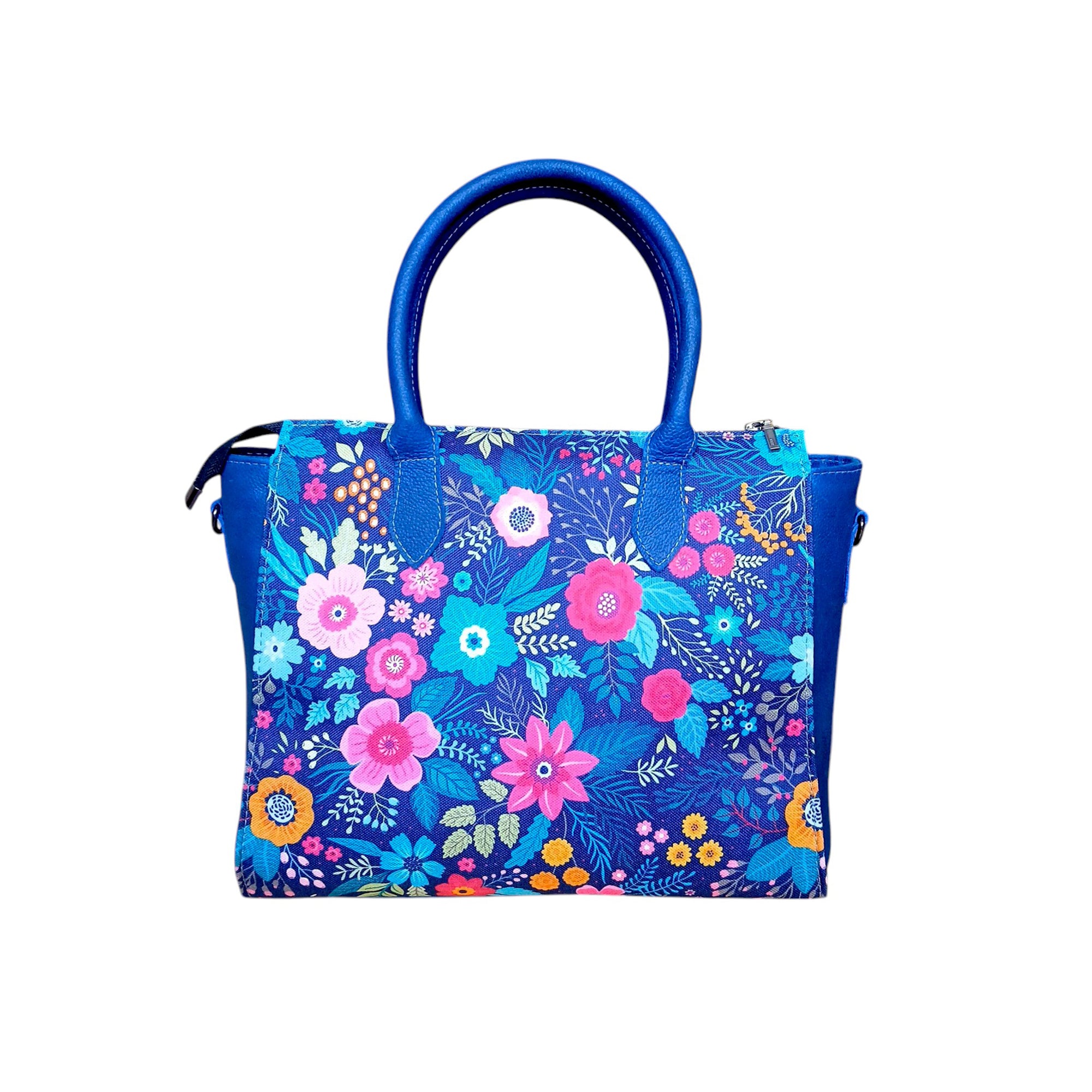 Floral Canvas & Leather Tote Bag - Navy Blue