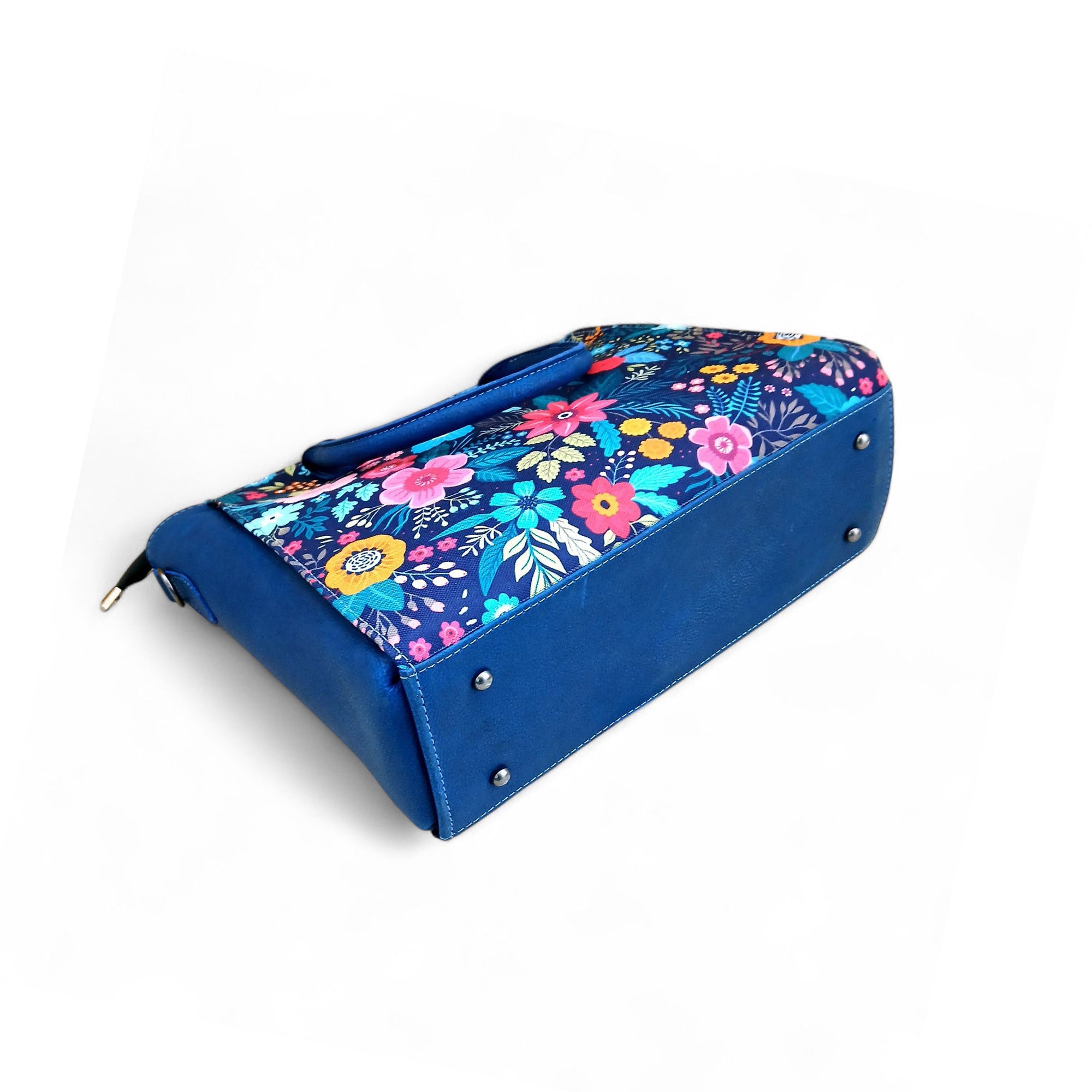 Floral Canvas & Leather Tote Bag - Navy Blue