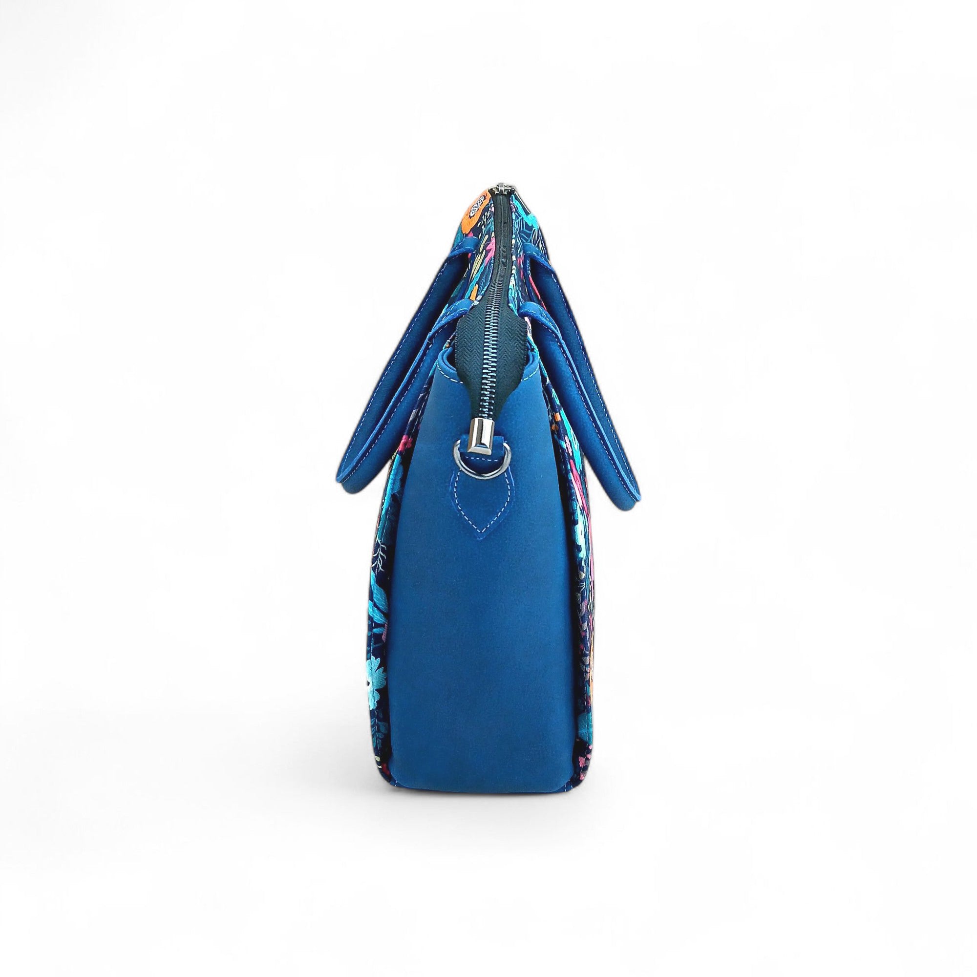 Floral Canvas & Leather Tote Bag - Navy Blue