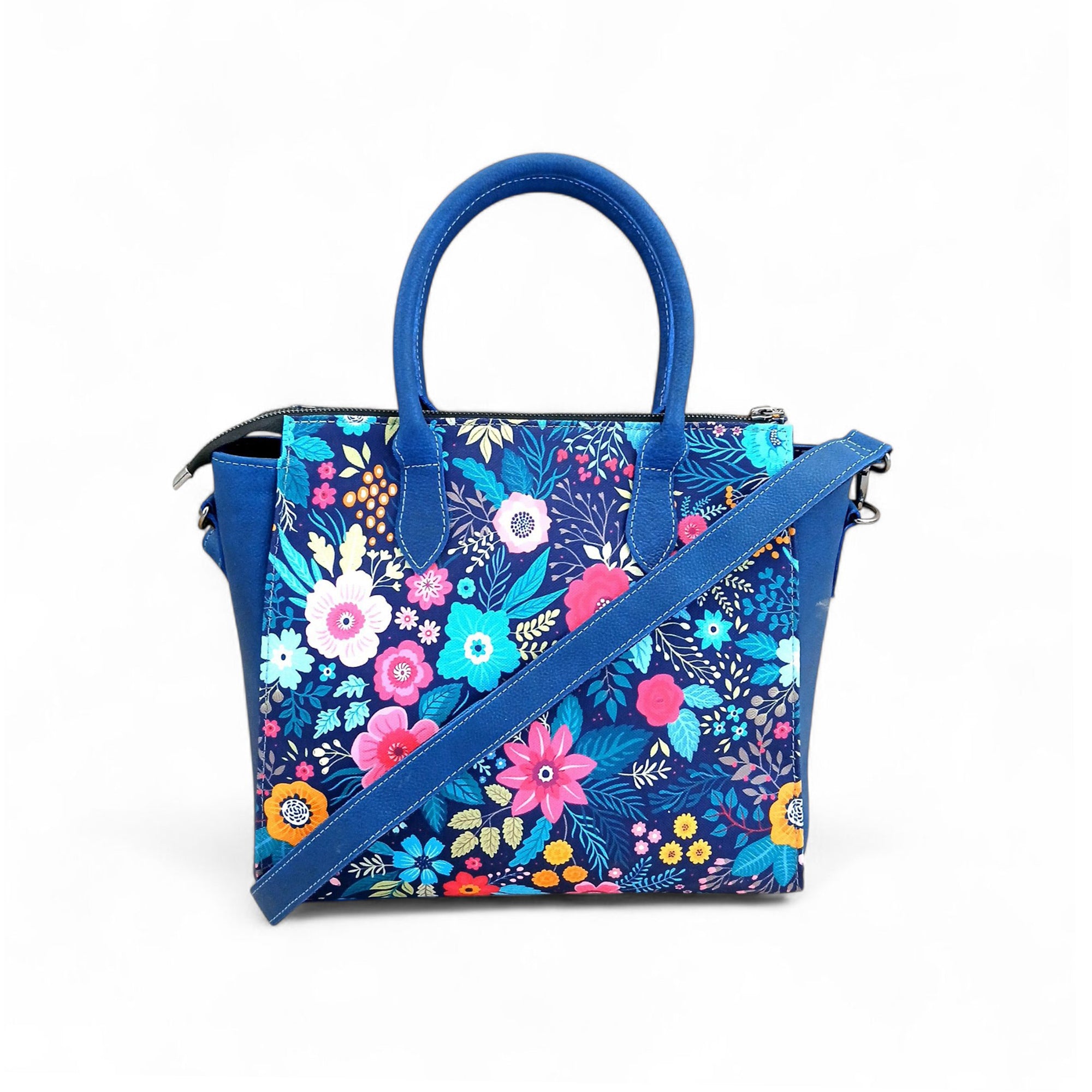Floral Canvas & Leather Tote Bag - Navy Blue