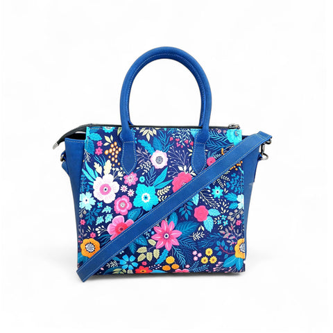 Floral Canvas & Leather Tote Bag - Navy Blue