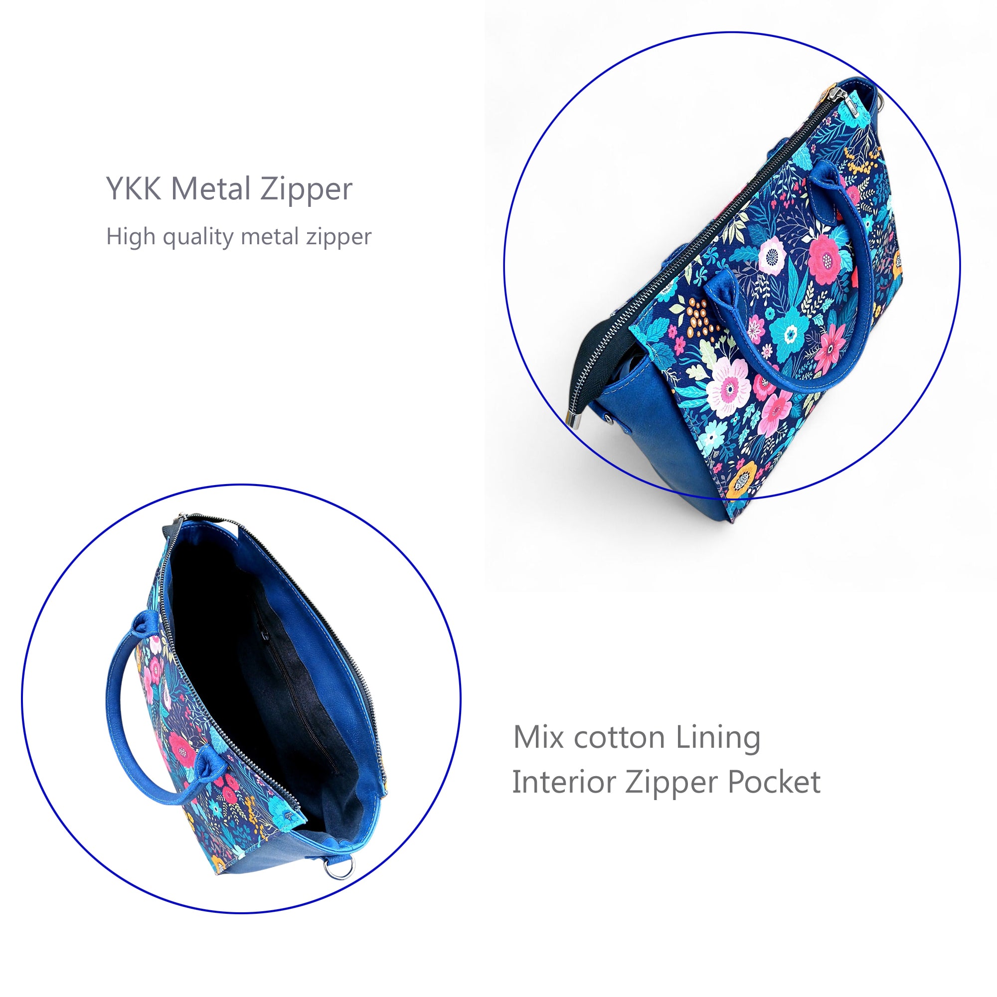 Floral Canvas & Leather Tote Bag - Navy Blue