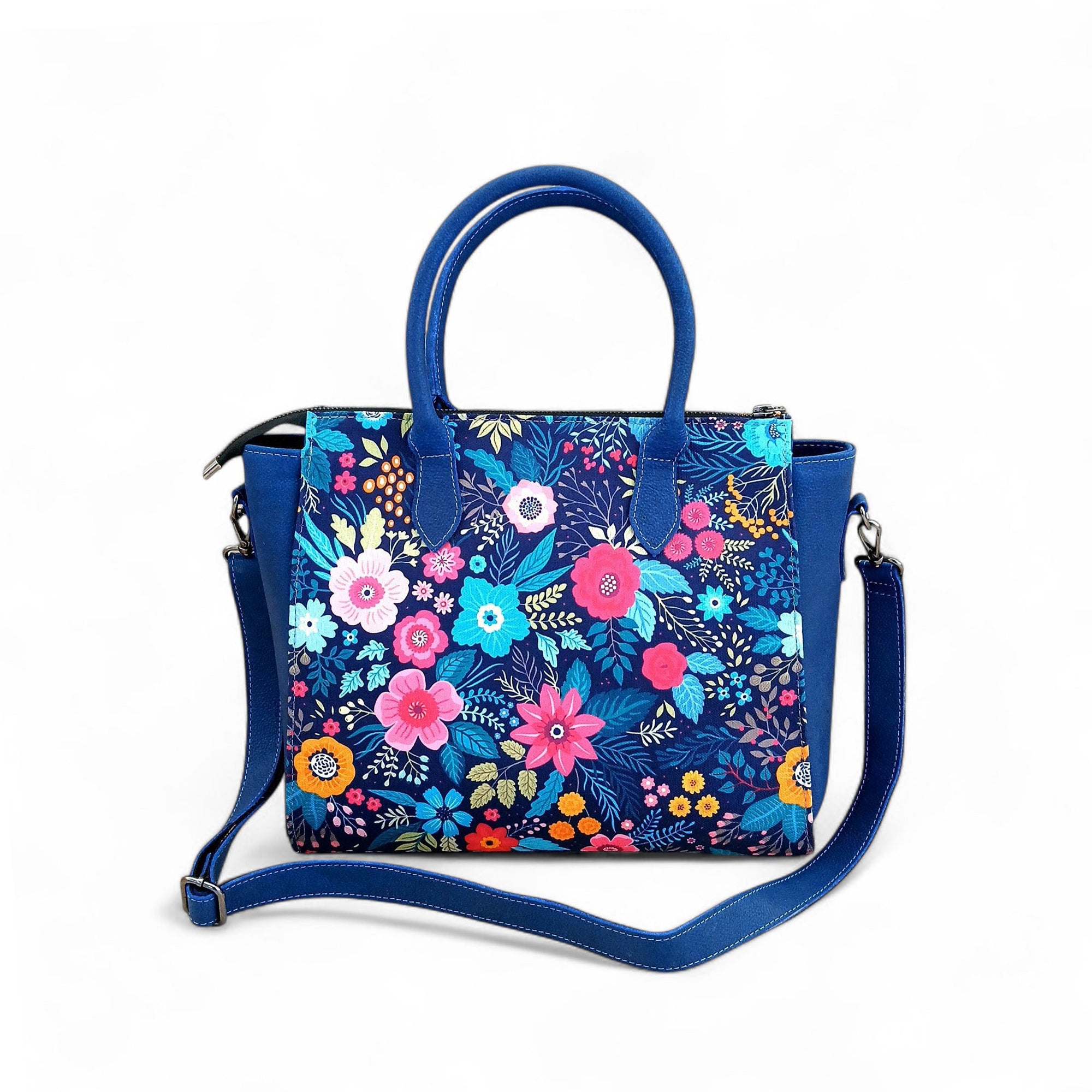 Floral Canvas & Leather Tote Bag - Navy Blue