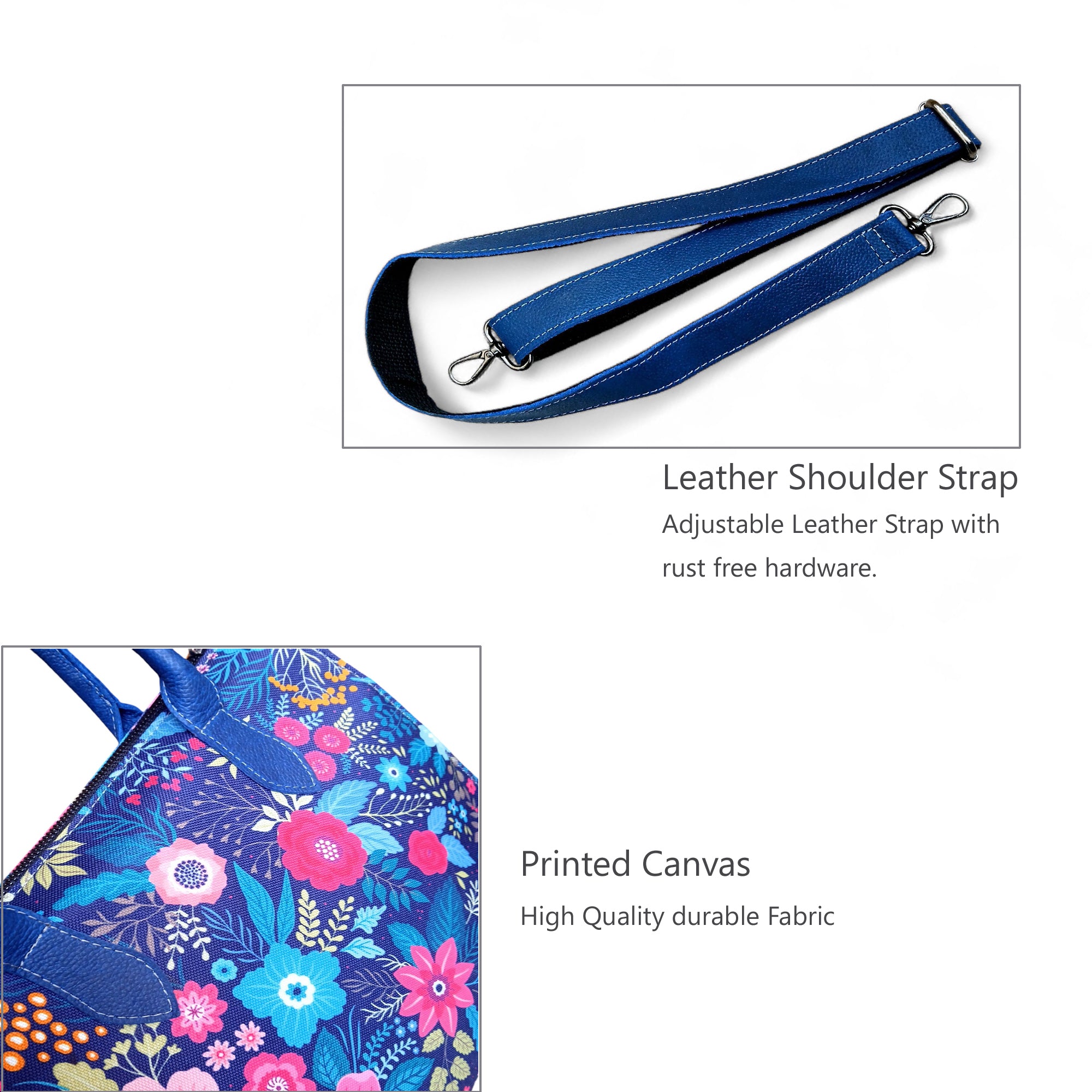 Floral Canvas & Leather Tote Bag - Navy Blue