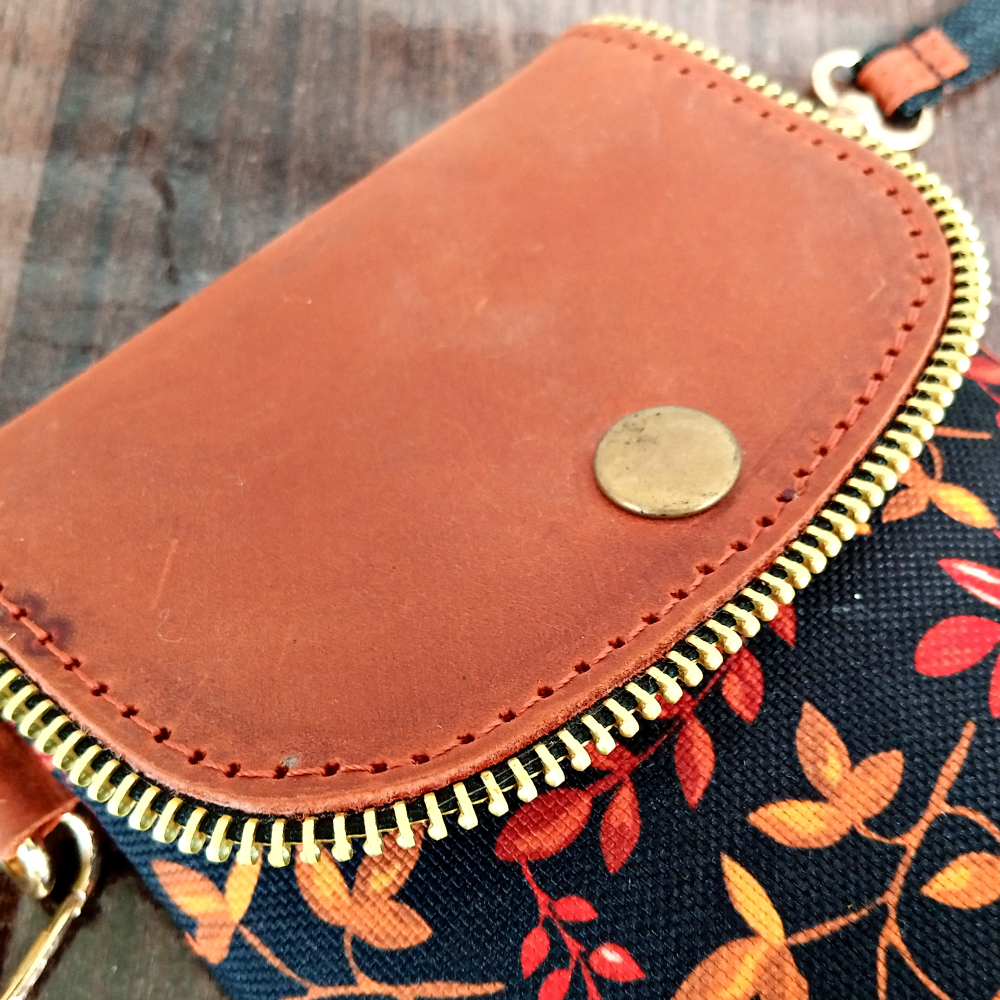 Leafy Printed Canvas and Leather Crossbody Mobile Pouch