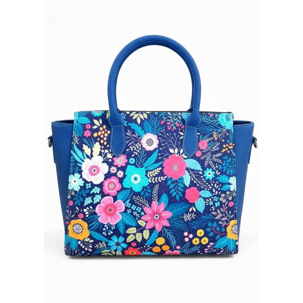 Floral Canvas & Leather Tote Bag – Navy Blue | Full-Grain Cowhide Handbag