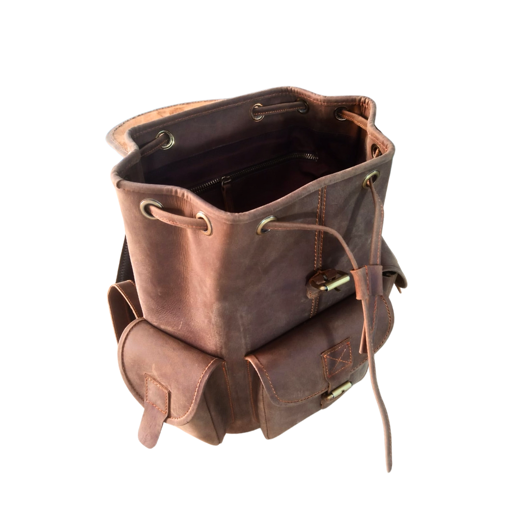 Vintage Dark Brown Leather Backpack Handmade Full-Grain Drawstring Rucksack