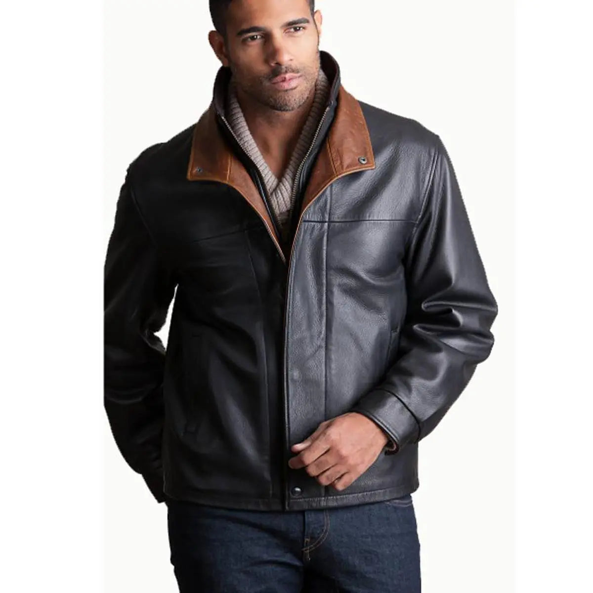 Leather jacket sales double collar