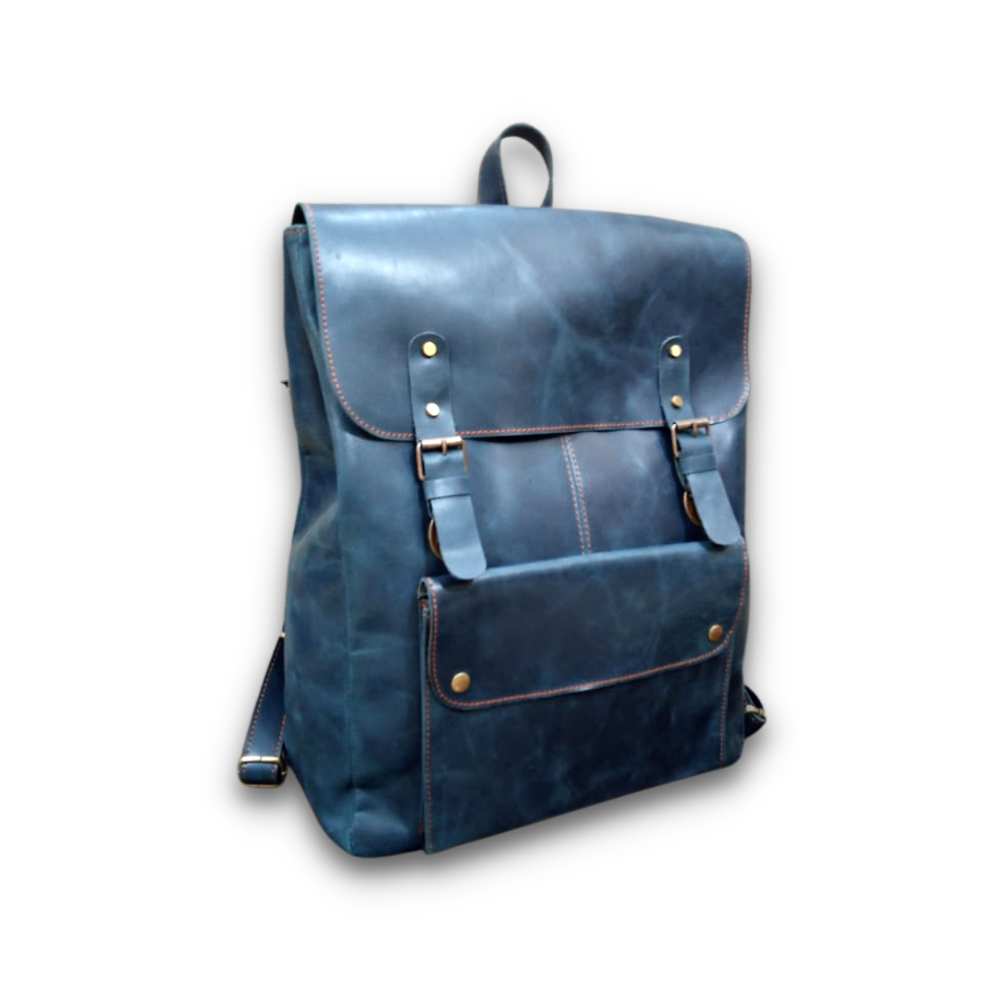 Leather Laptop Backpack Navy Blue Travel Backpack