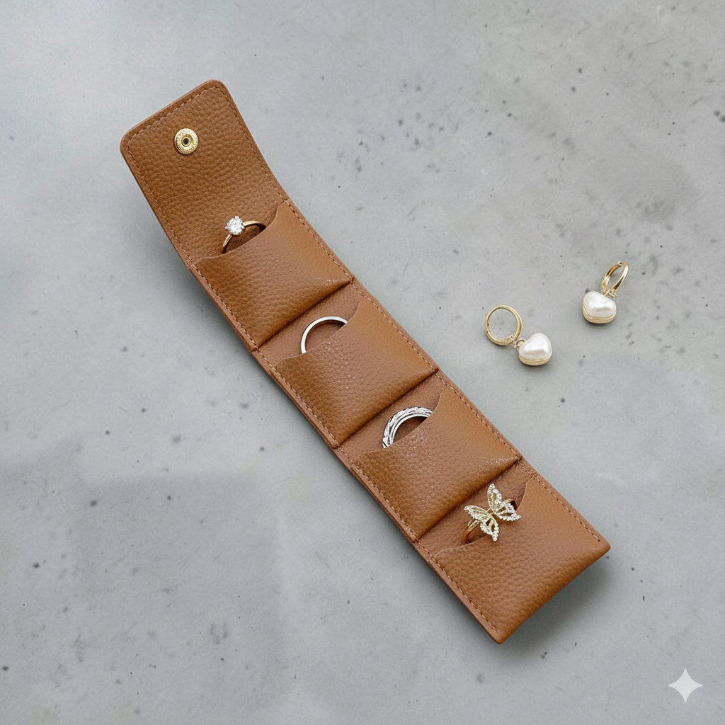 Real Leather Mini Jewelry Organizer |Foldable Leather Jewellery Pouch