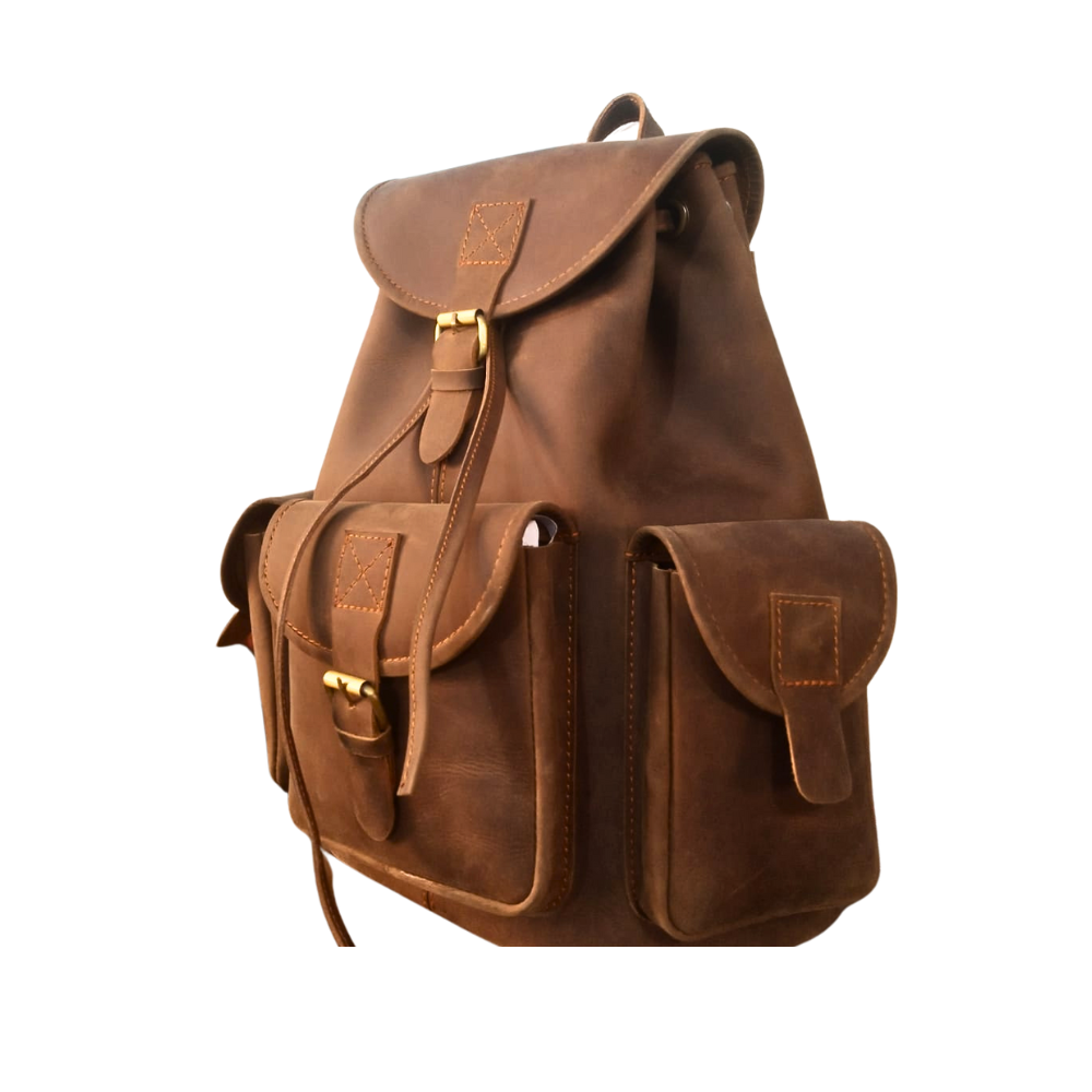 Vintage Dark Brown Leather Backpack Handmade Full-Grain Drawstring Rucksack