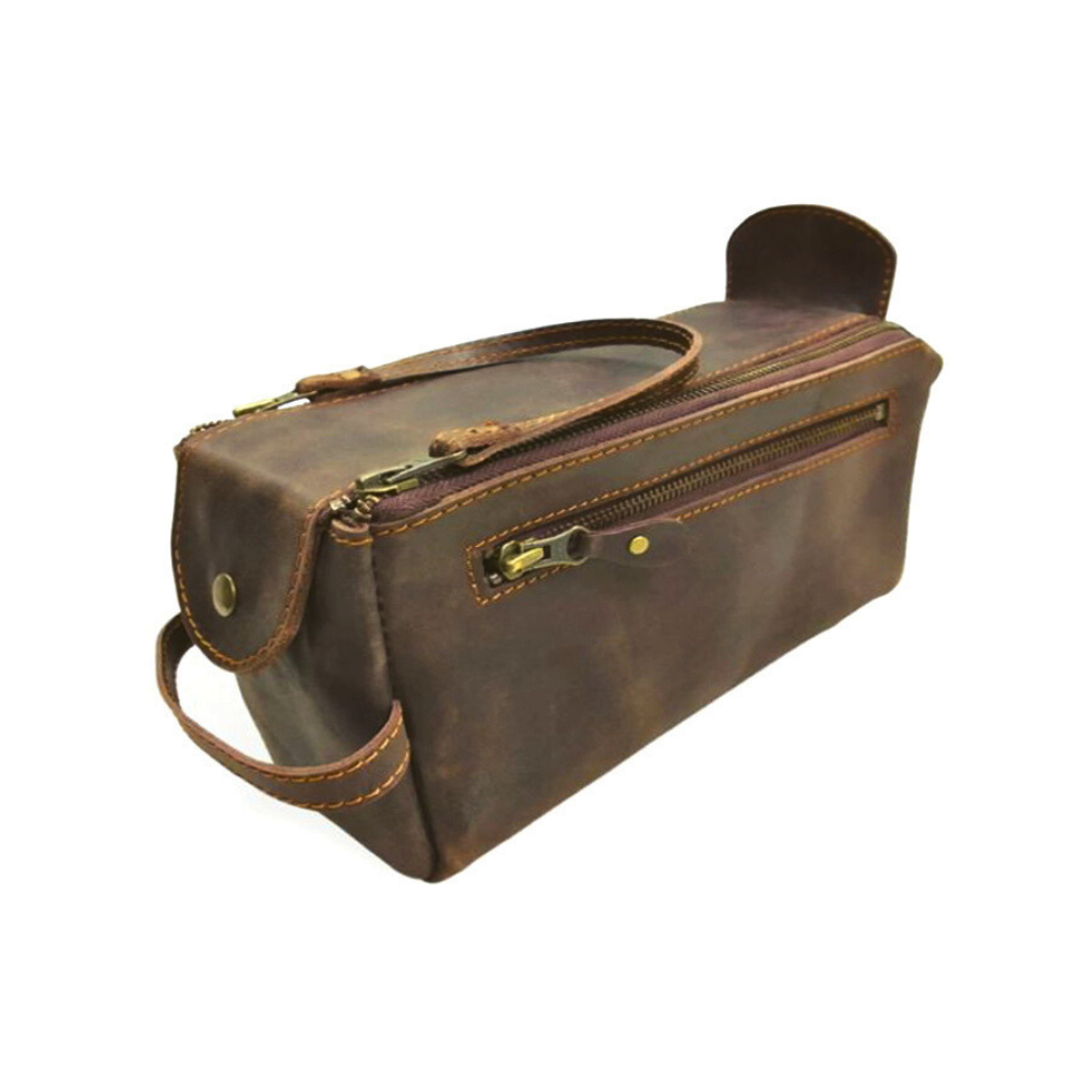 Dark Brown Leather Toiletry Bag - Dopp Kit