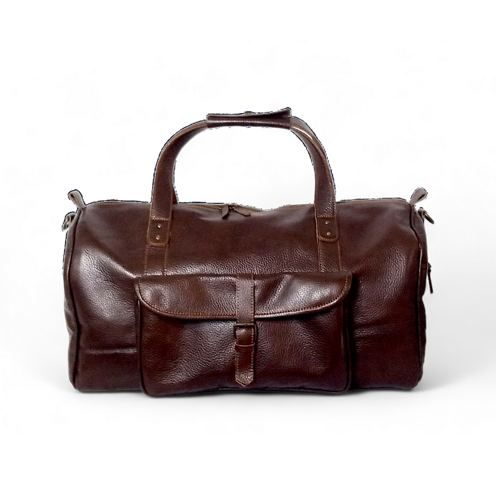 Premium Pebble Grain Leather Duffel Bag Travel & Weekender Bag -Brown