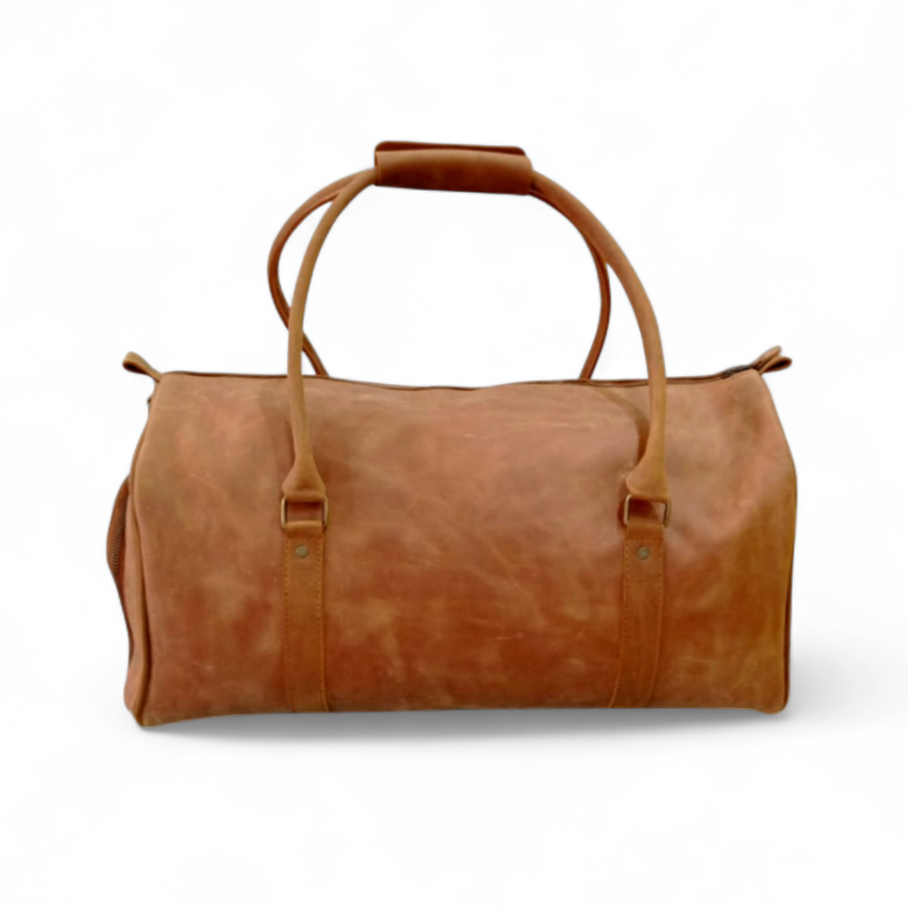 Tan Leather Gym Duffel Bag with Shoe Compartment Premium Travel Holdall