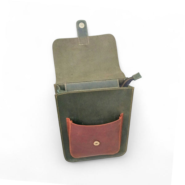 Olive Green Leather Crossbody Travel Bag