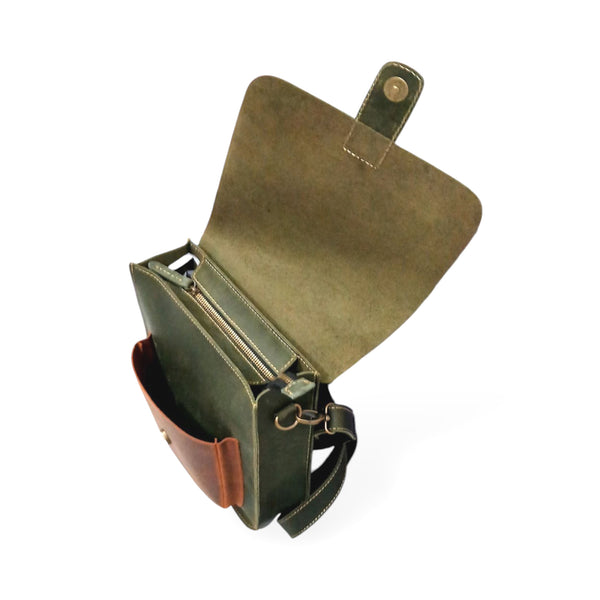 Olive Green Leather Crossbody Travel Bag