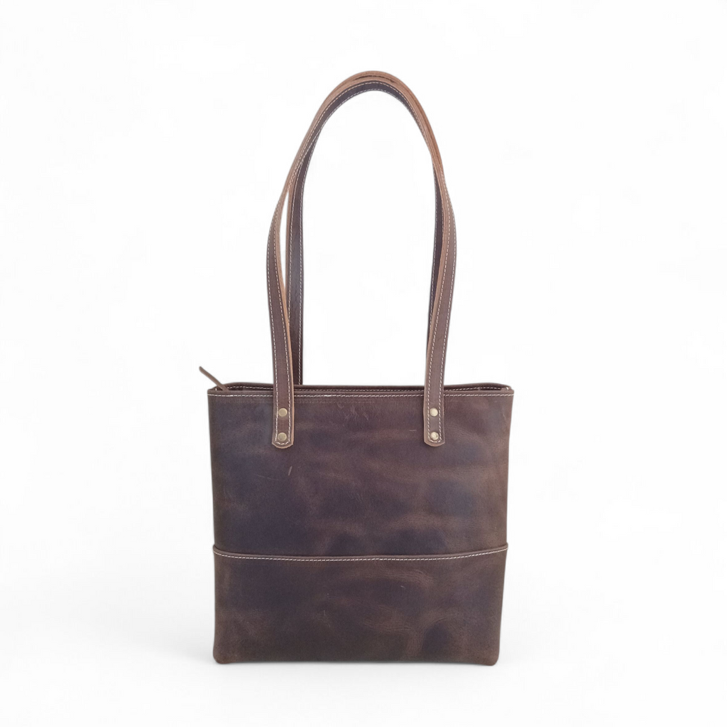 Chocolate Brown Crazy Horse Leather Tote Bag | Long Handle Women’s Handbag