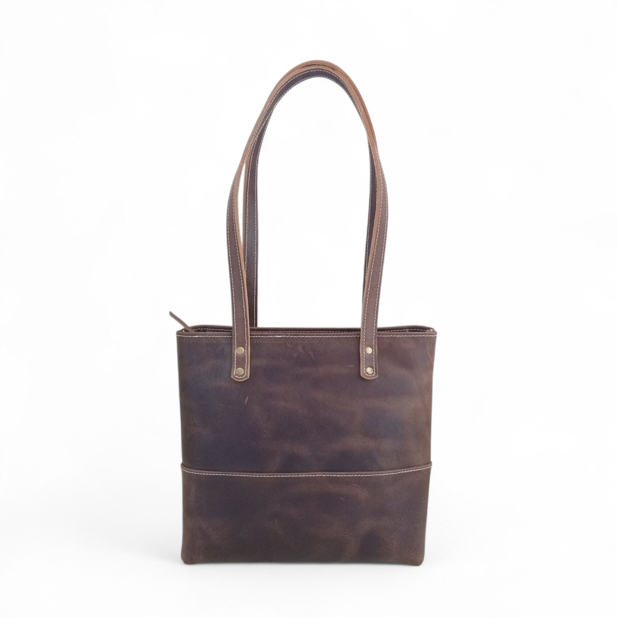 Chocolate Brown Crazy Horse Leather Tote Bag | Long Handle Women’s Handbag