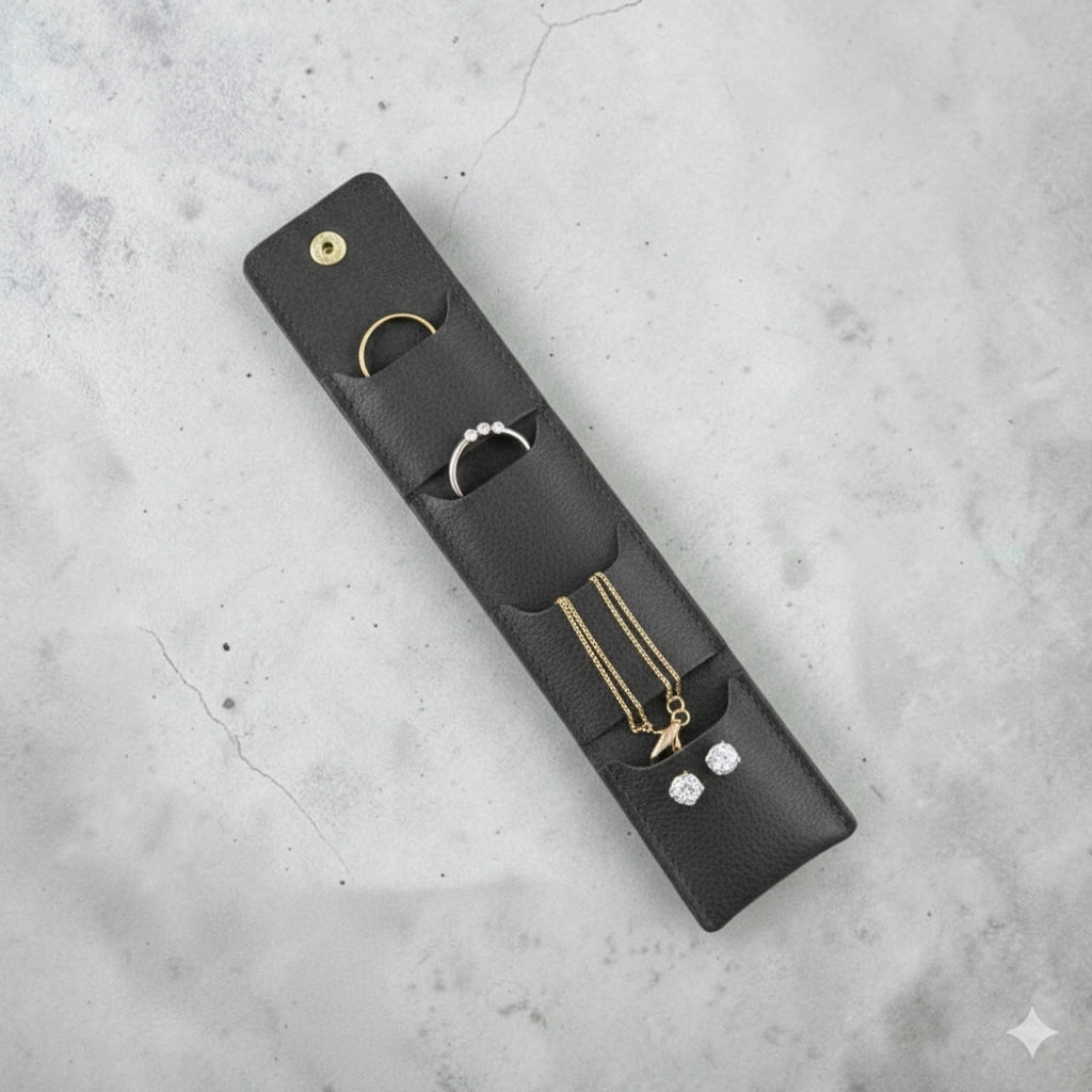 Foldable leather jewellery pouch made of natural cow leather, real leather mini jewelry organizer with four inner pockets and button closure, 2.5x2.5 inch travel case