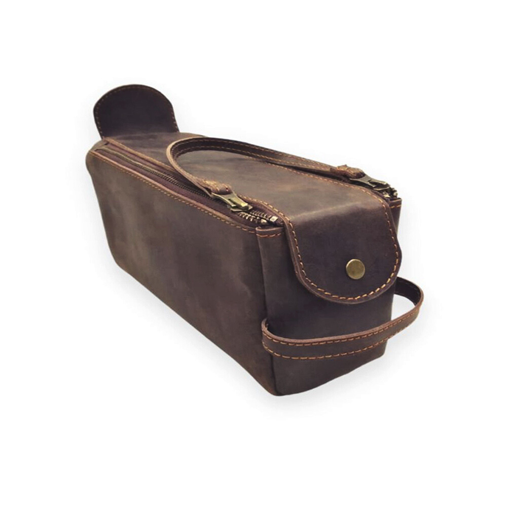 Dark Brown Leather Toiletry Bag - Dopp Kit