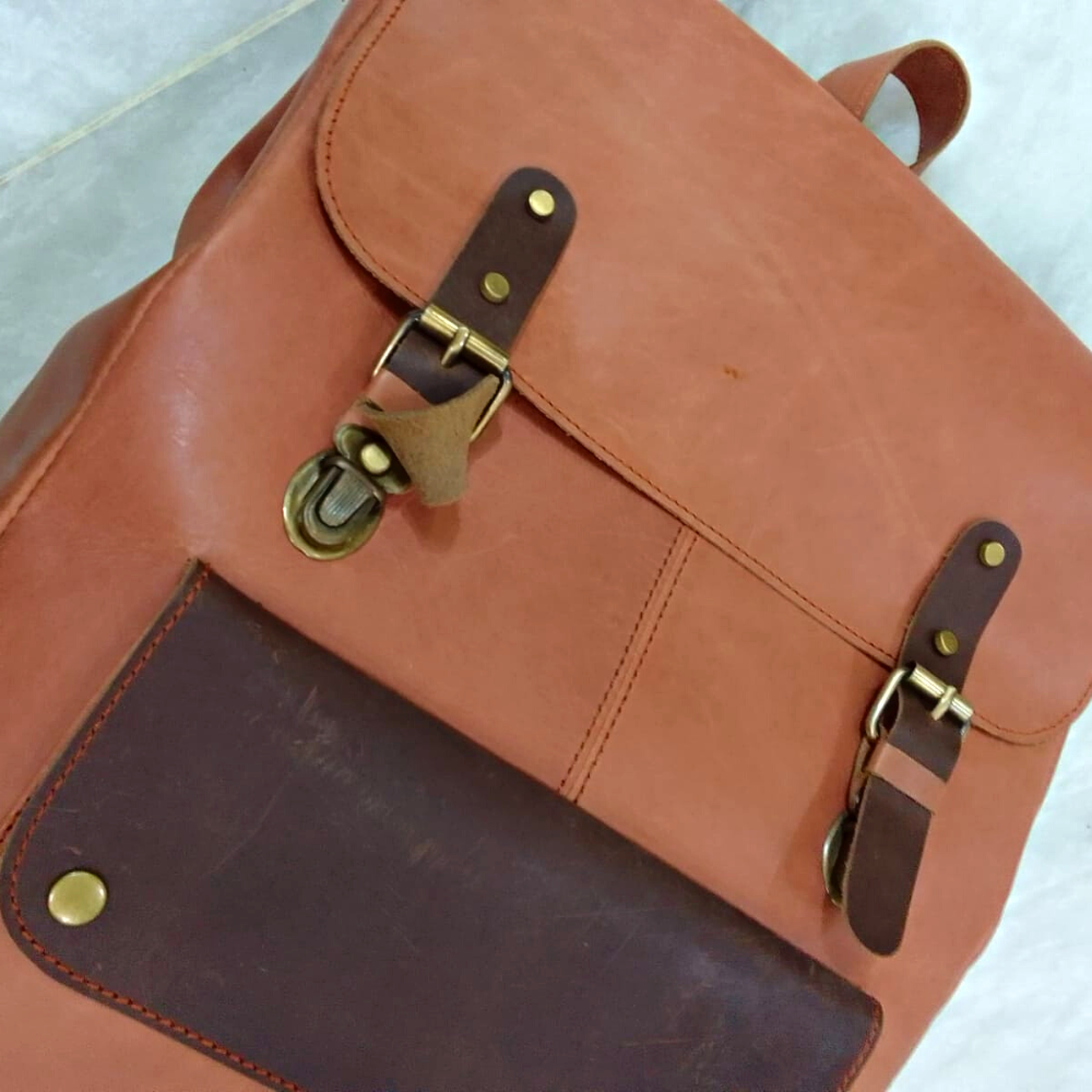 Leather Laptop Backpack Mustard & Dark Brown Travel Backpack