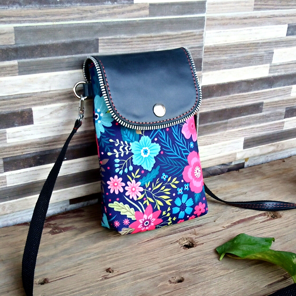 Deep Forest Printed Canvas and Leather Crossbody Mobile Pouch
