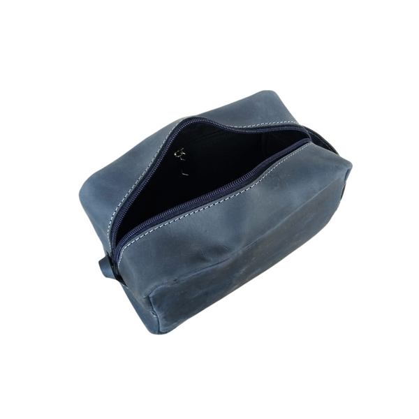 Navy Leather Toiletry Bag - Shaving Kit - Cosmetic Pouch