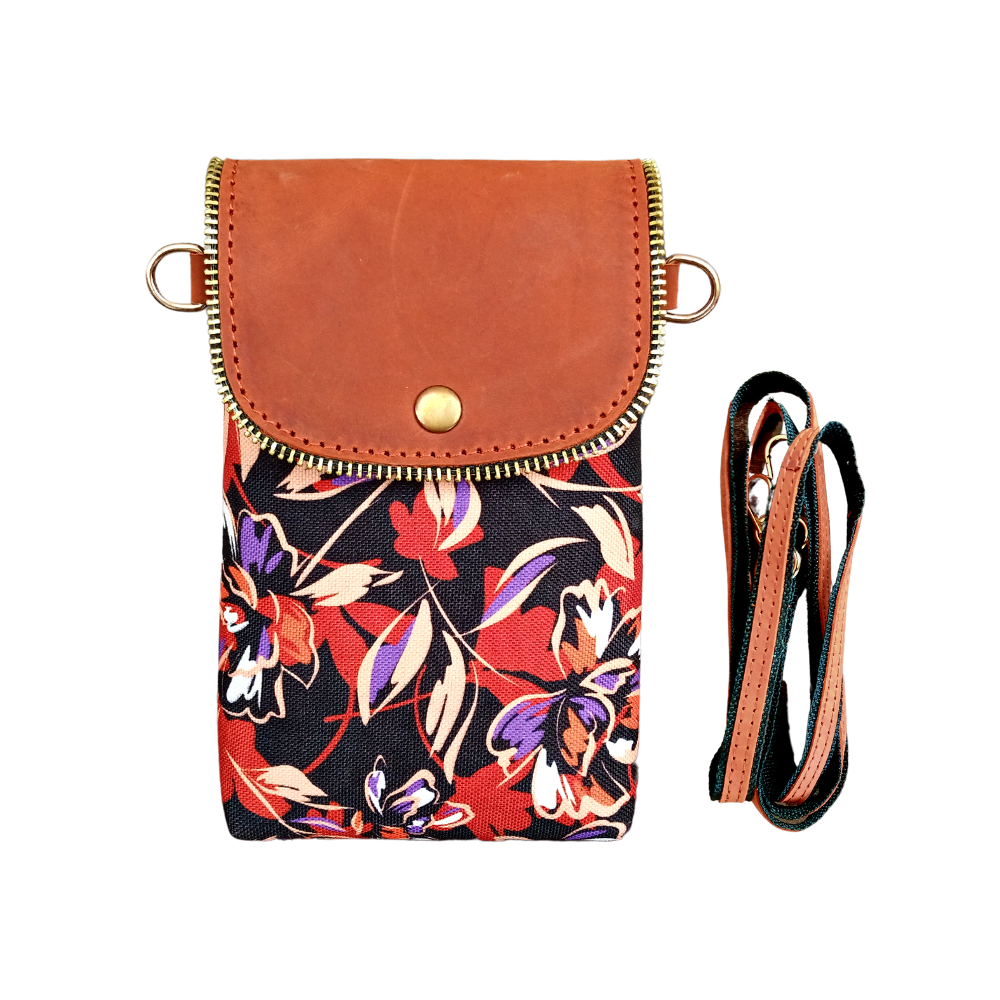 Floral Printed Canvas and Leather Crossbody Mobile Pouch