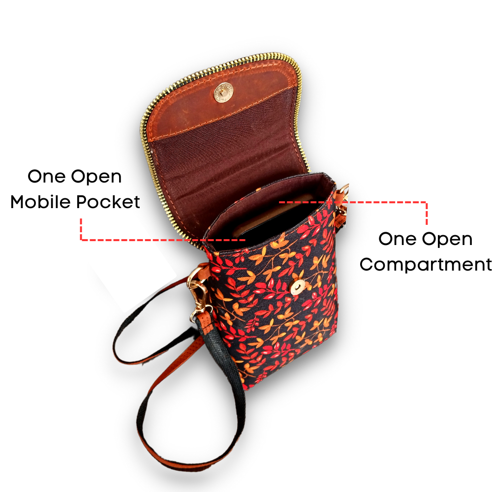 Leafy Printed Canvas and Leather Crossbody Mobile Pouch