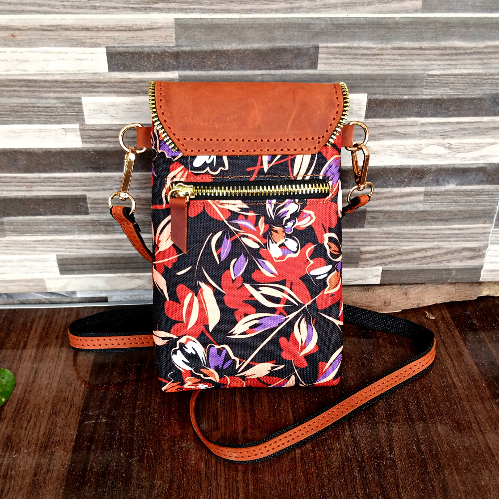 Floral Printed Canvas and Leather Crossbody Mobile Pouch