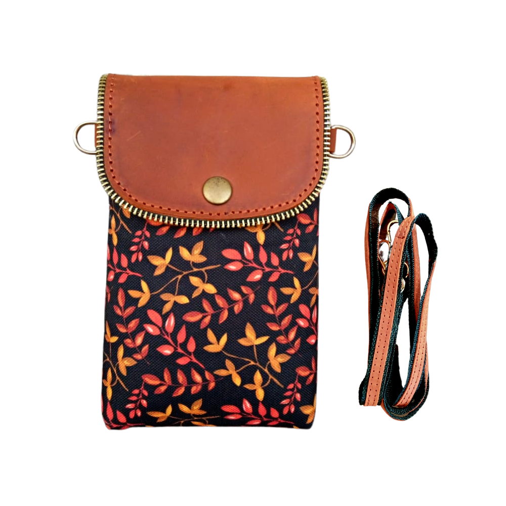 Leafy Printed Canvas and Leather Crossbody Mobile Pouch