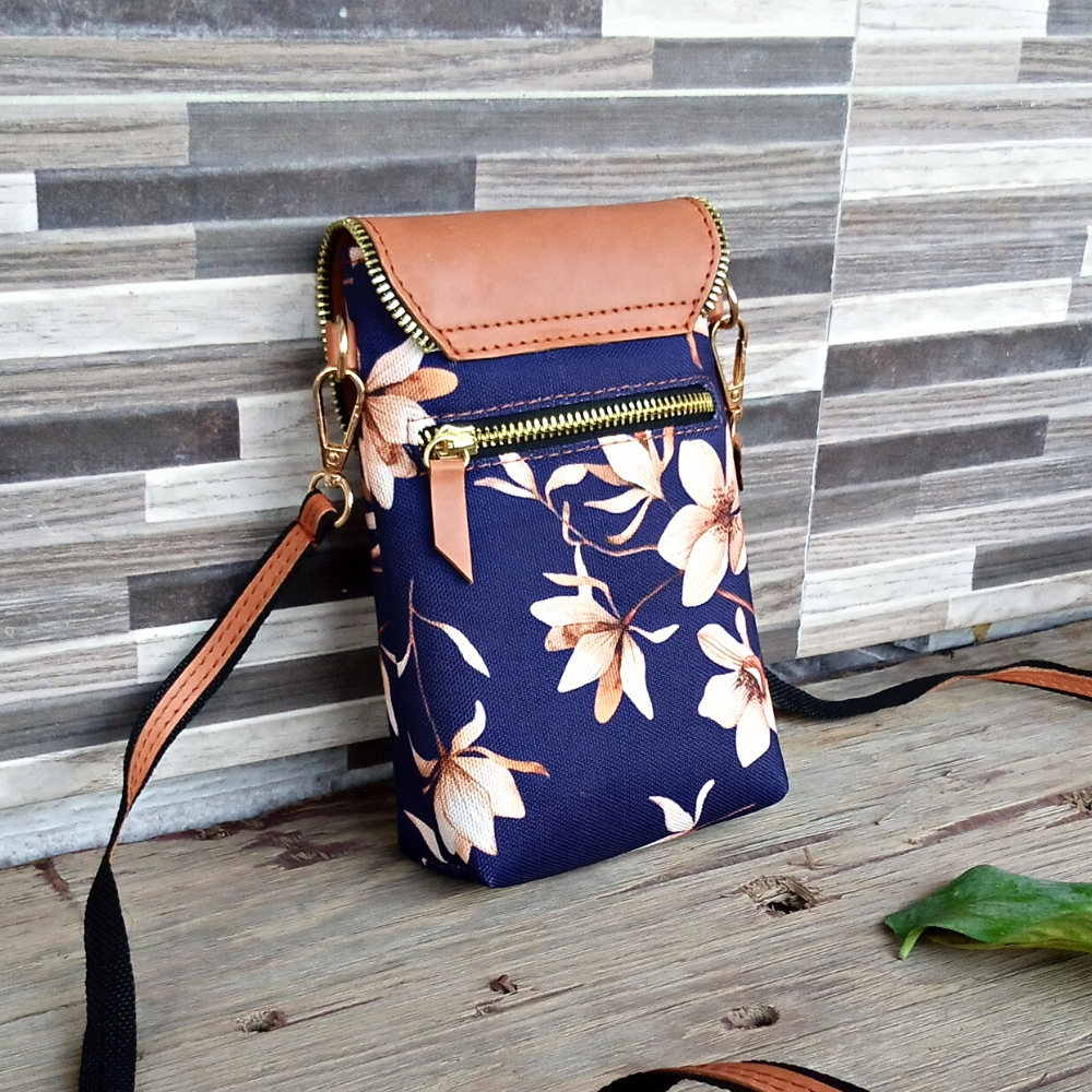 Floral Printed Canvas and Leather Crossbody Mobile Pouch