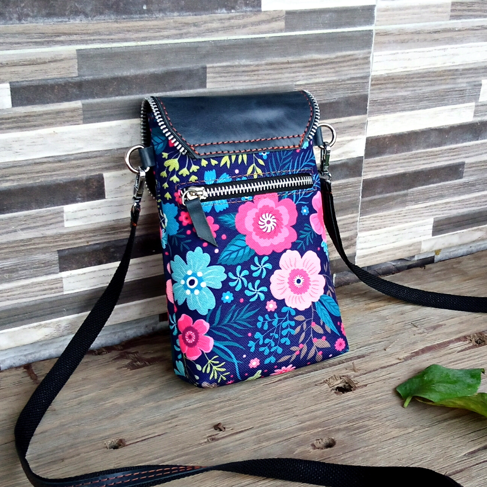 Deep Forest Printed Canvas and Leather Crossbody Mobile Pouch