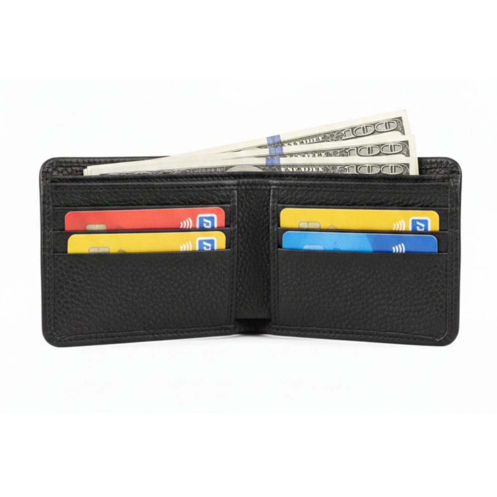Leather bifold wallet for men with six card slots