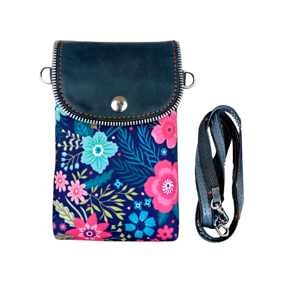 Deep Forest Printed Canvas and Leather Crossbody Mobile Pouch