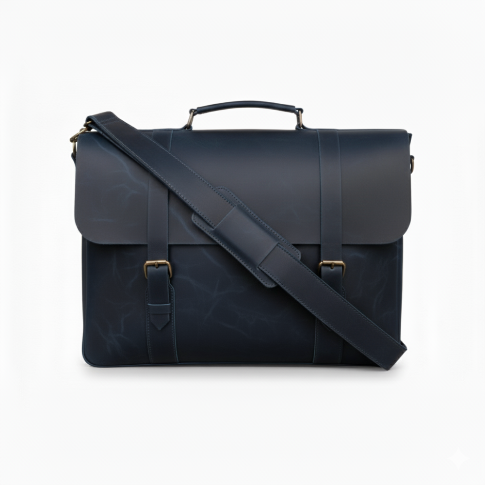 Navy Leather Messenger Bag 14 "15" & 16" Laptop Bag Matt Oil Pull-Up Cow Leather