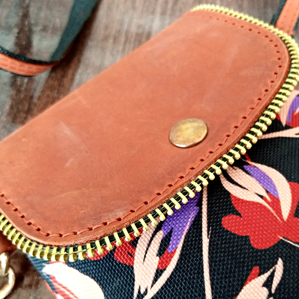 Floral Printed Canvas and Leather Crossbody Mobile Pouch