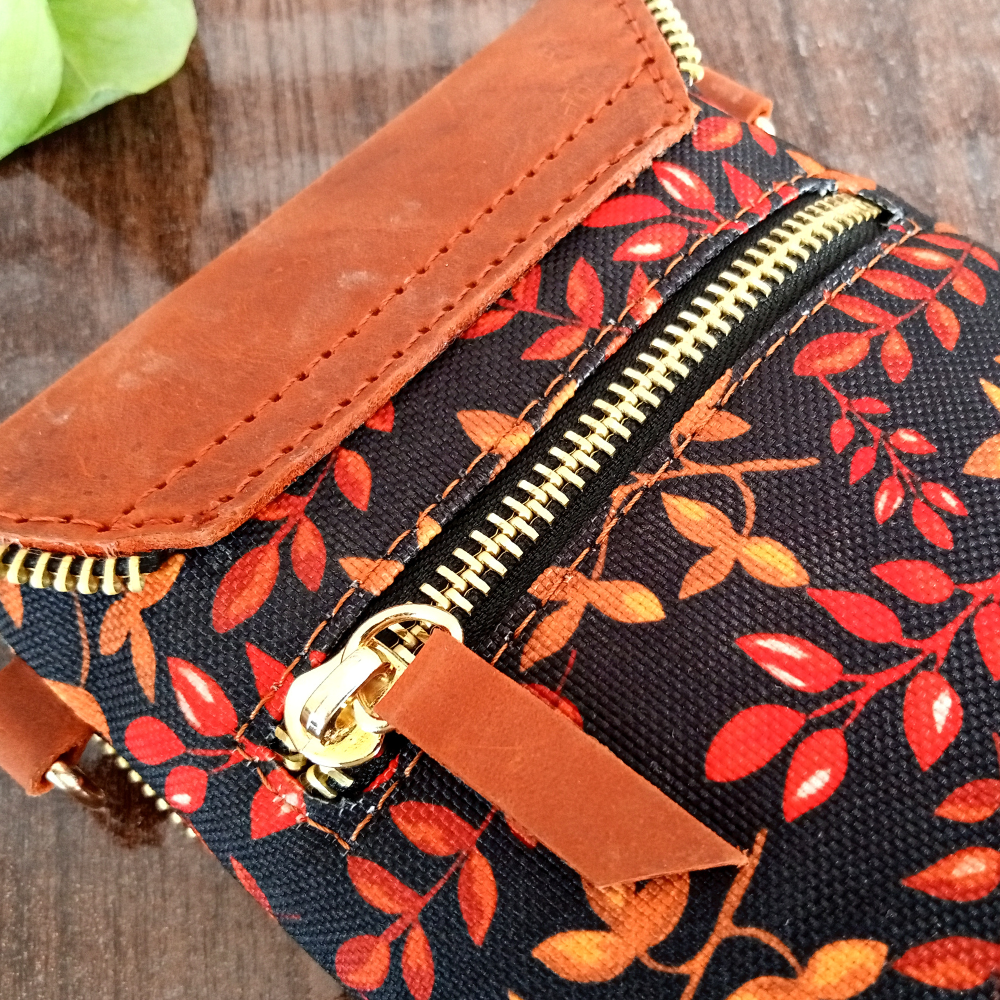 Leafy Printed Canvas and Leather Crossbody Mobile Pouch