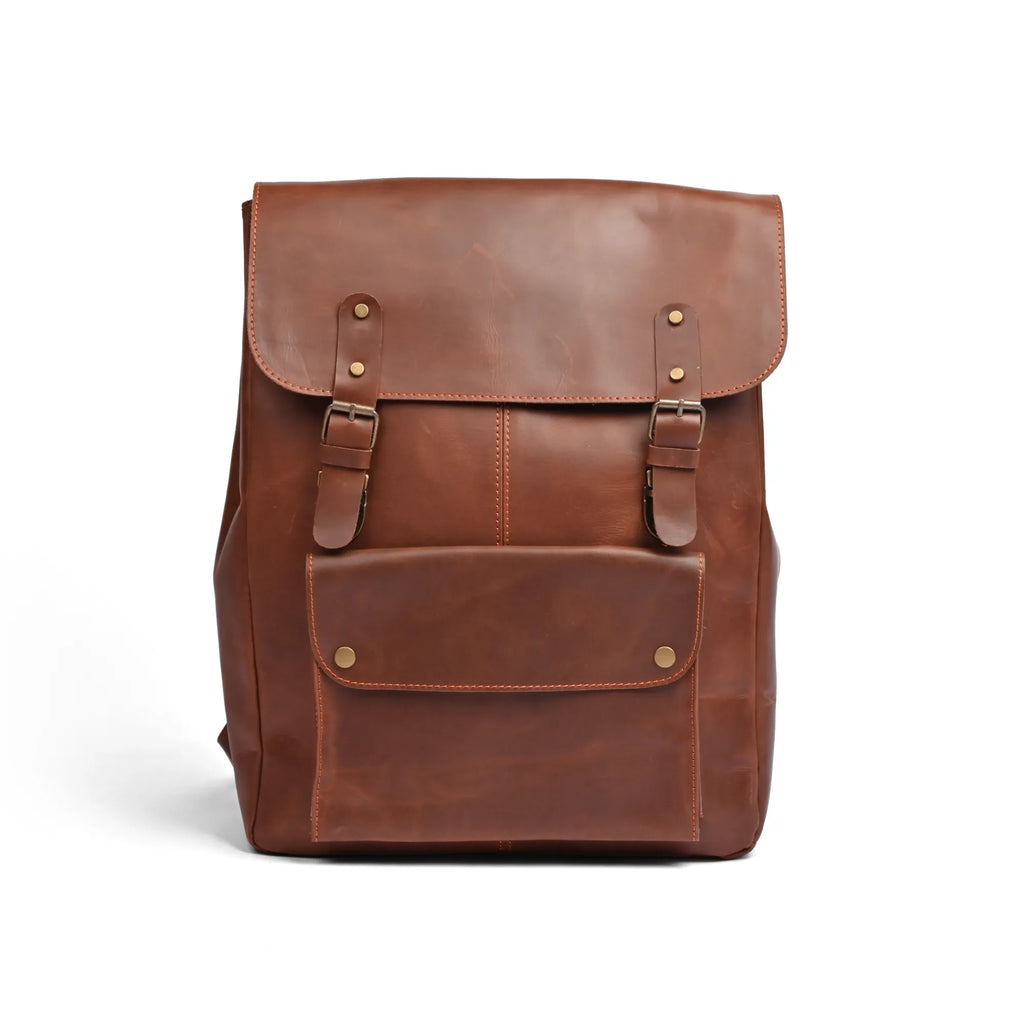 Camel Brown Full-Grain Leather Laptop Backpack with Front Buckle