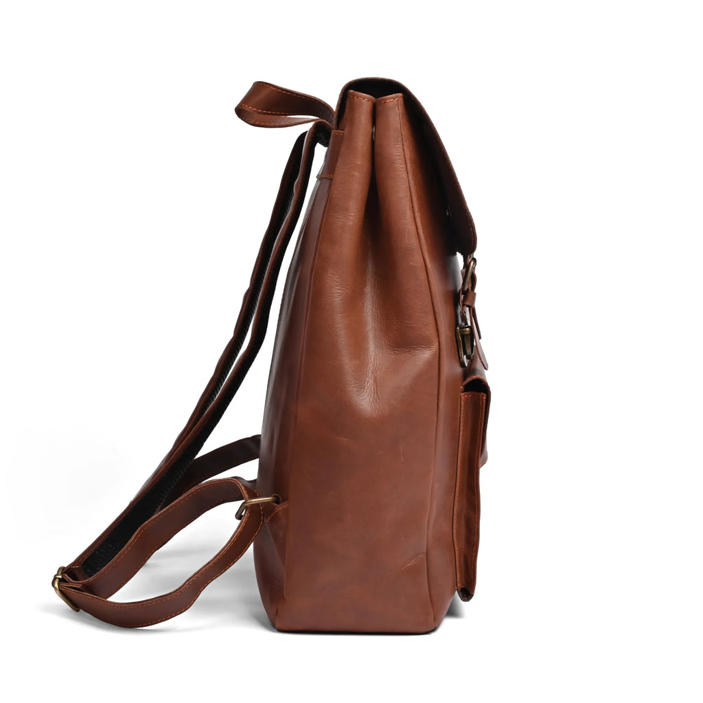 Camel Brown Leather Laptop Backpack – Stylish Travel & Work Companion