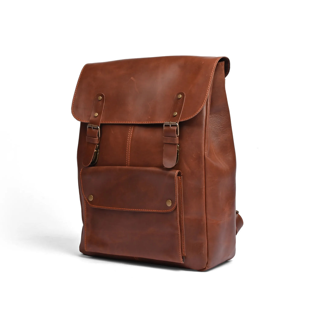 Camel Brown Leather Laptop Backpack – Stylish Travel & Work Companion