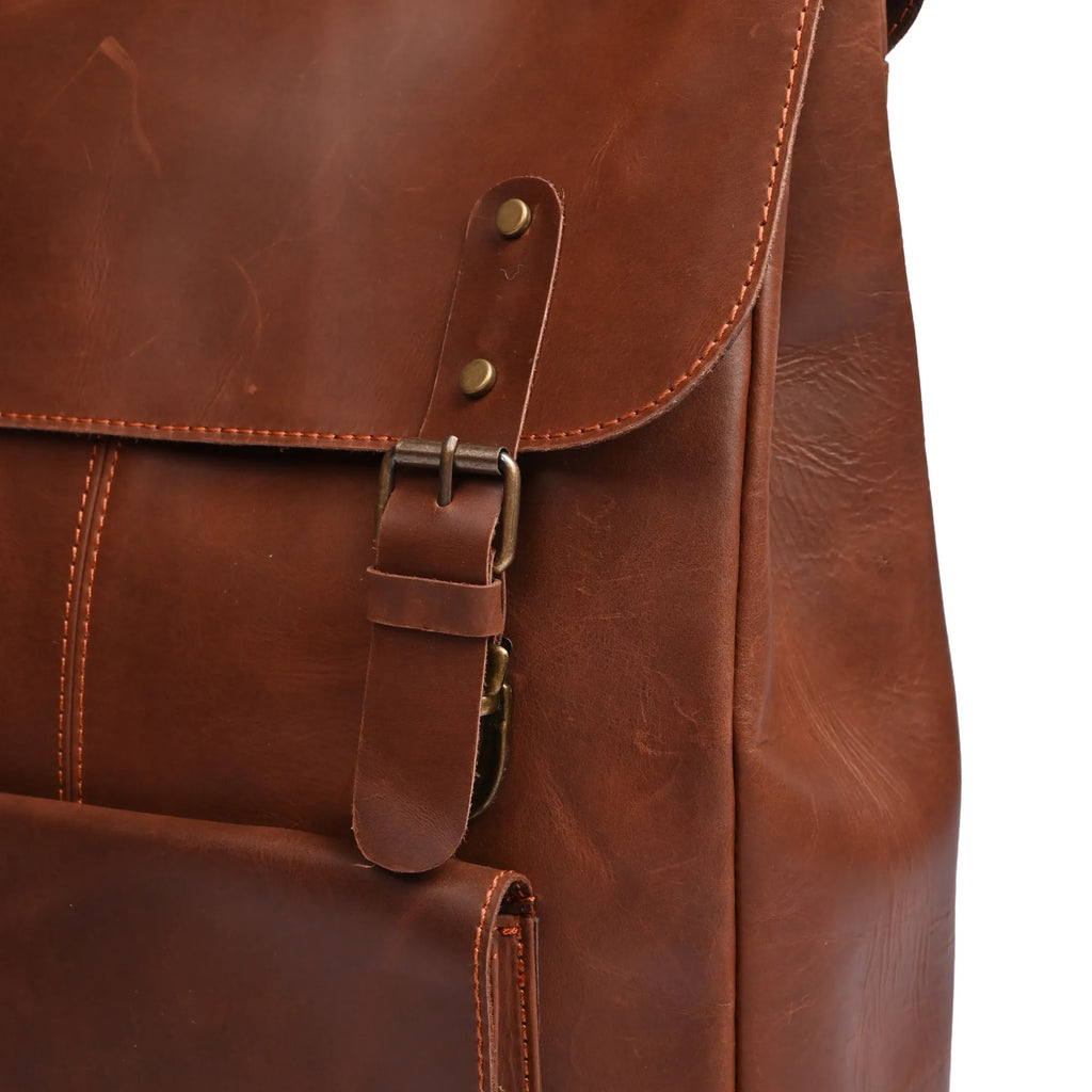 Camel Brown Leather Laptop Backpack – Stylish Travel & Work Companion