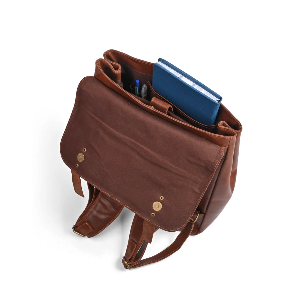 Camel Brown Leather Laptop Backpack – Stylish Travel & Work Companion
