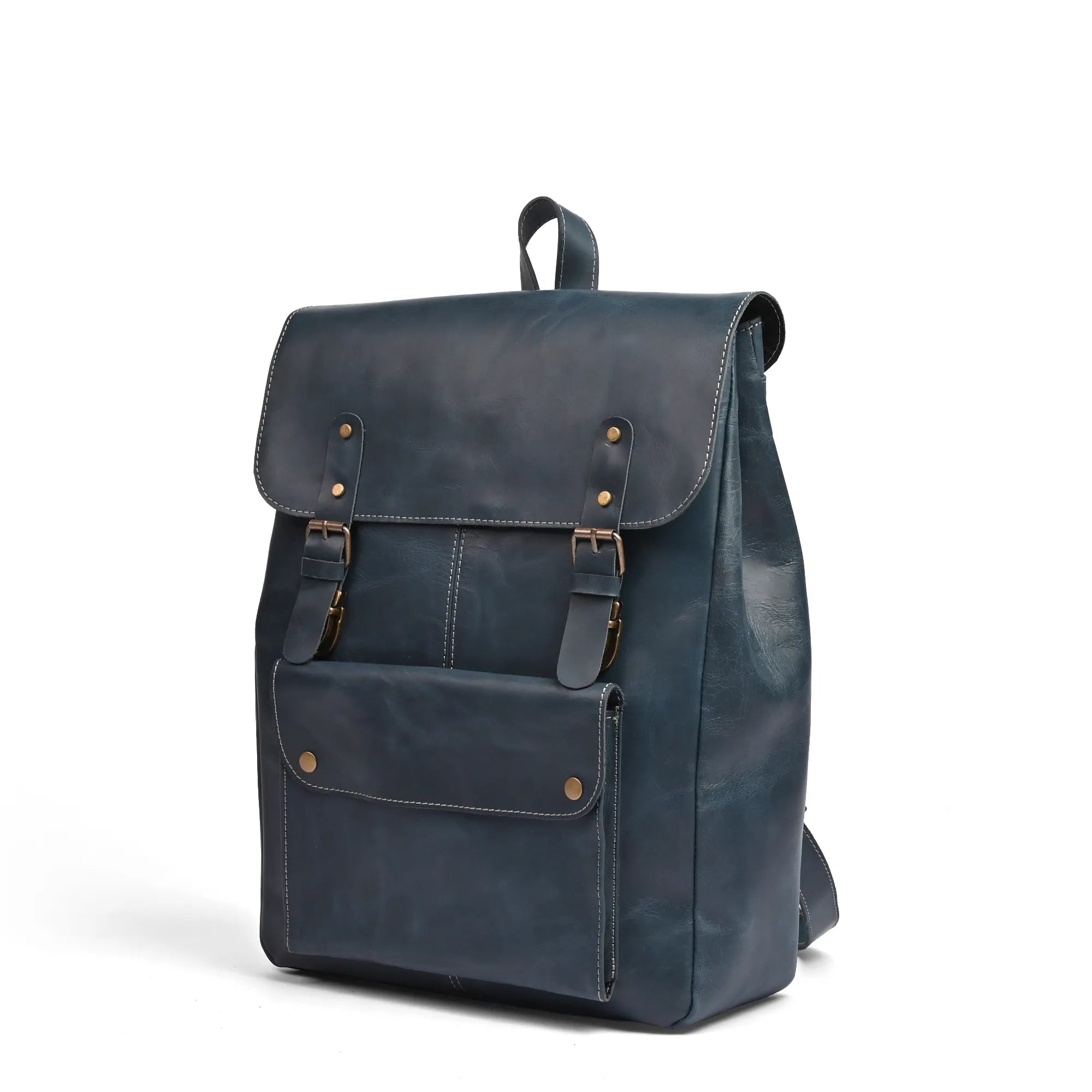 Leather Laptop Backpack Navy Blue Travel Backpack
